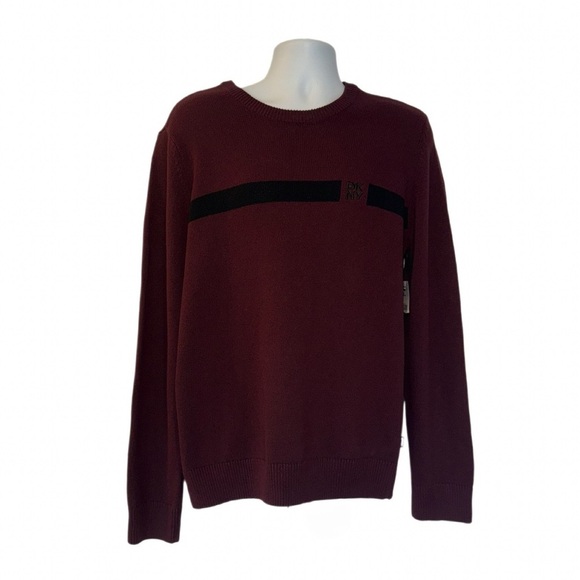 DKNY Men’s Wine Red Crewneck Sweater Size L – NWT – Logo Chest Stripe - Picture 2 of 15